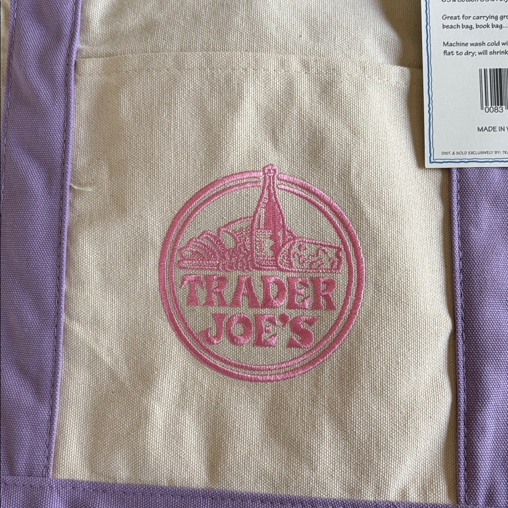 NWT in hand Trader Joe’s big tote lavender with pink logo - Picture 2 of 4